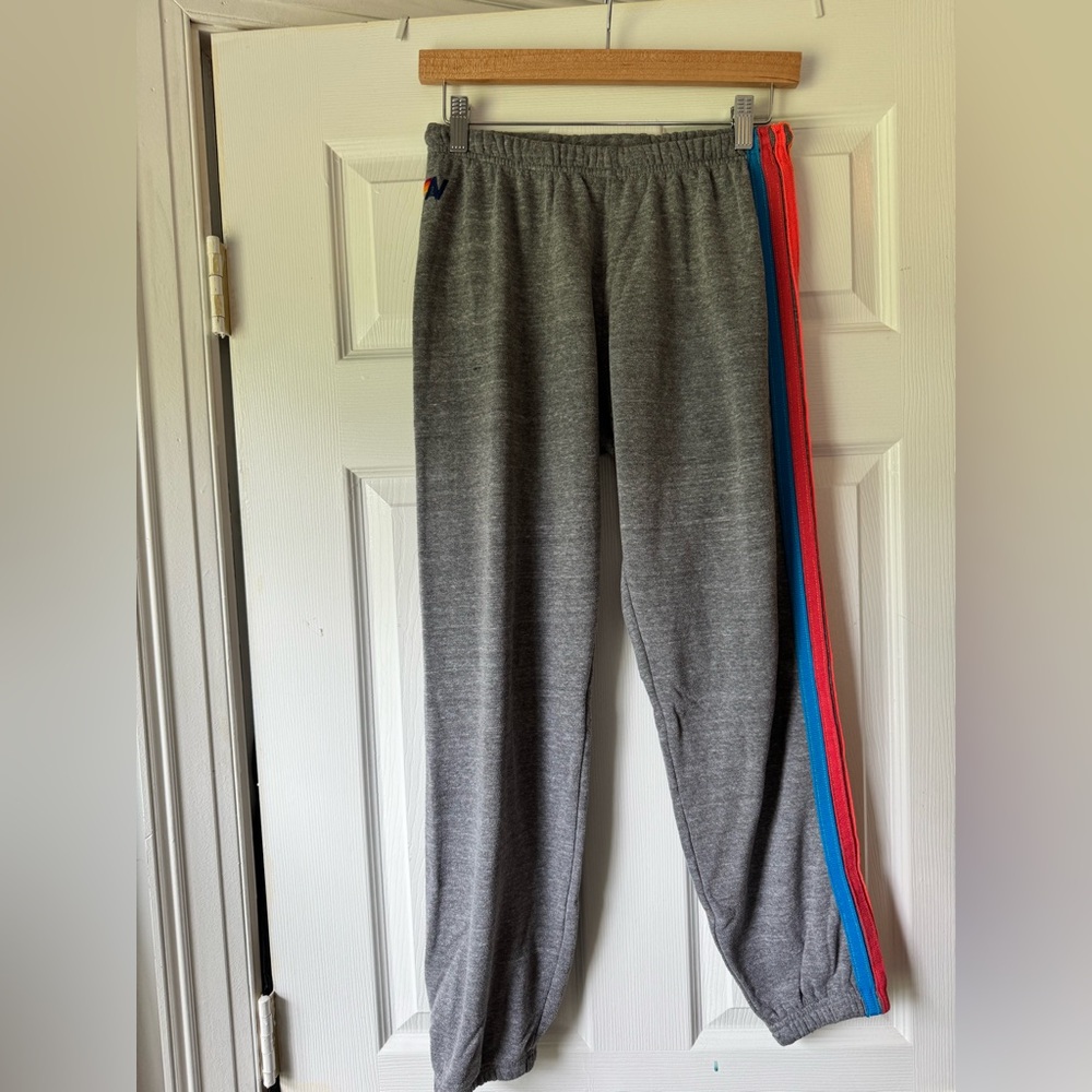 Aviator Nation Gray Sweatpants with rainbow stripes